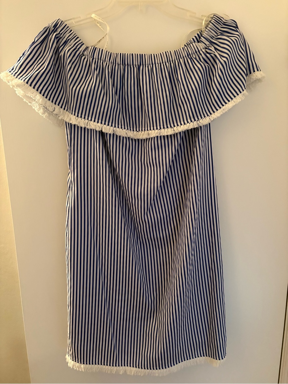 Blue and White Striped silky Off-Shoulder Dress with Fringe